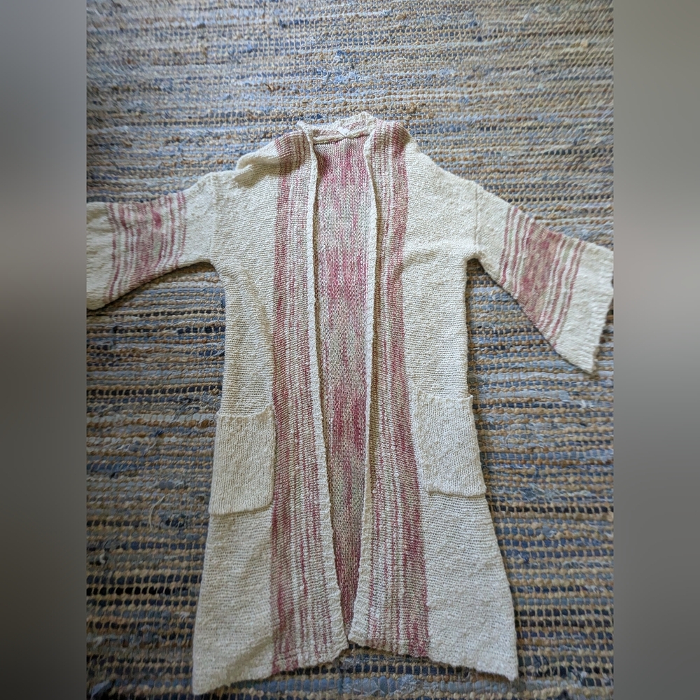 Cream and Pink Open-Front Hooded Knit Cardigan